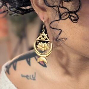 Vintage Brass Crescent Lotus Drop Earrings - Women's Jewelry